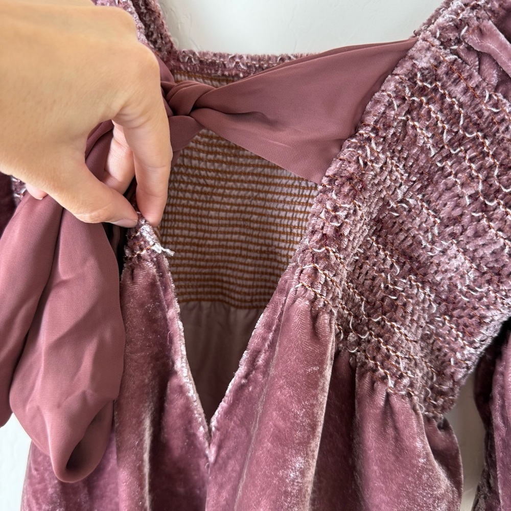 Free People Easy To Love Mini Dress Pink Velvet Smocked Bow Fairy Babydoll - Picture 10 of 11